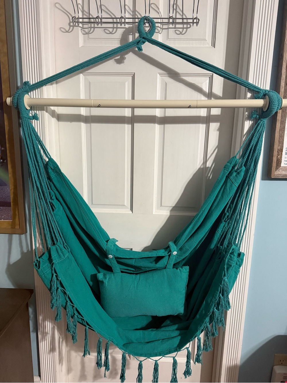 Teal Cotton Hanging Hammock Chair with Pillow